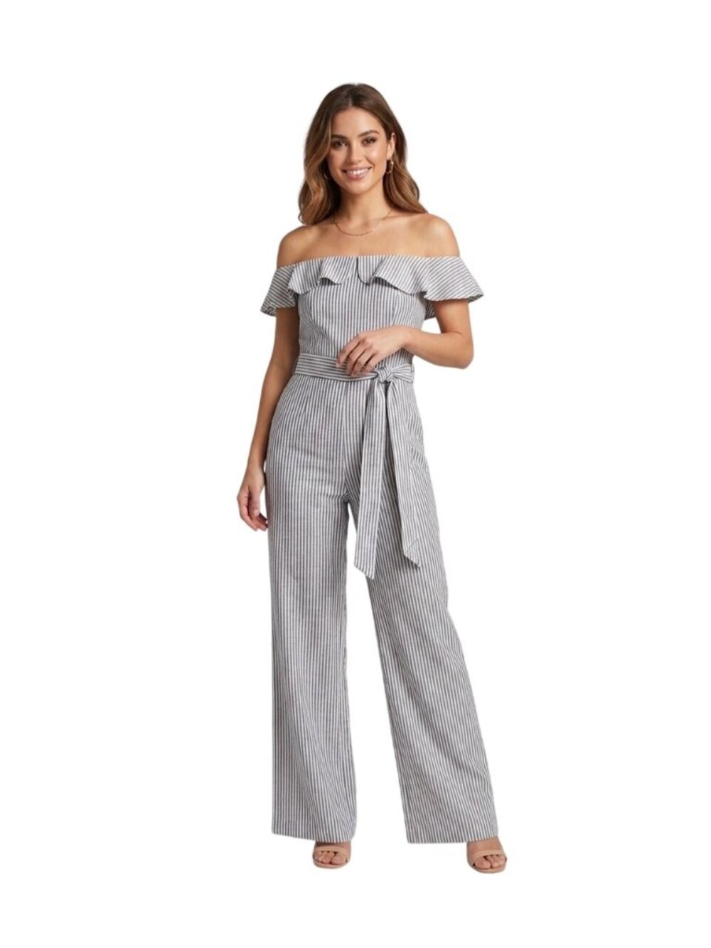 BCBGeneration Off-The-Shoulder Striped Jumpsuit Size 0 Navy White New
